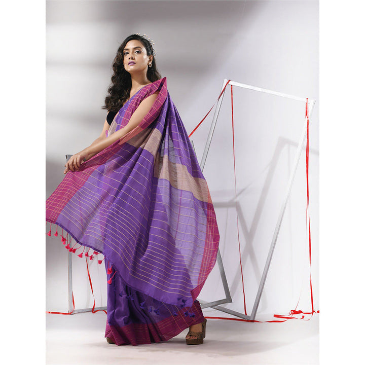 CHARUKRITI Purple Cotton Zari Stripes Saree with Unstitched Blouse