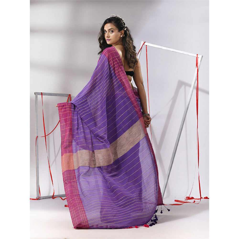 CHARUKRITI Purple Cotton Zari Stripes Saree with Unstitched Blouse