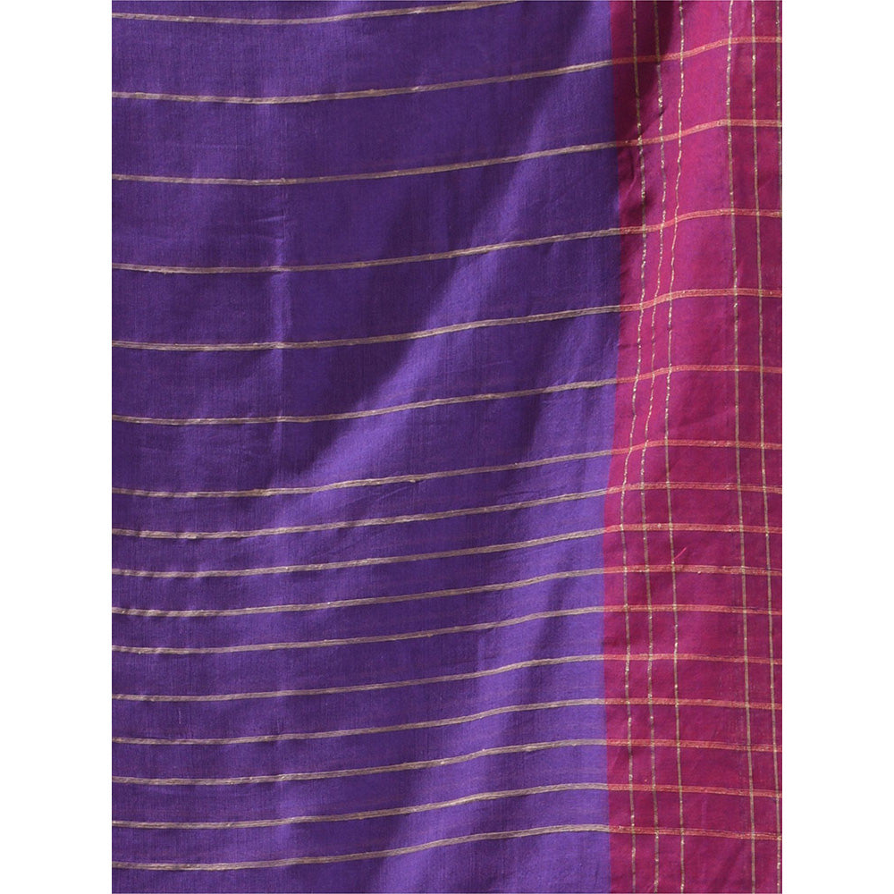 CHARUKRITI Purple Cotton Zari Stripes Saree with Unstitched Blouse