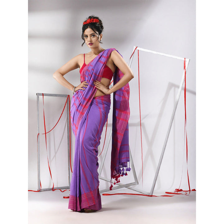 CHARUKRITI Purple Cotton Stripes Pattern Saree with Unstitched Blouse