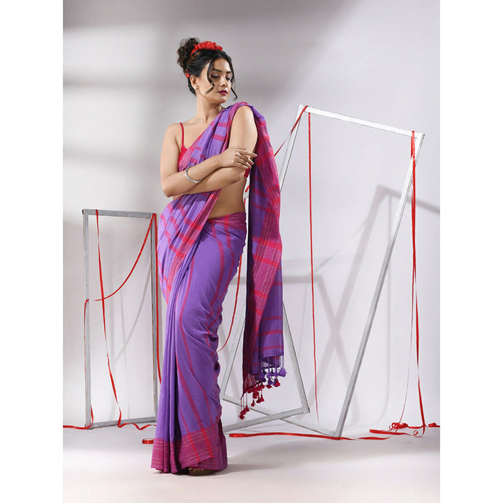 CHARUKRITI Purple Cotton Stripes Pattern Saree with Unstitched Blouse