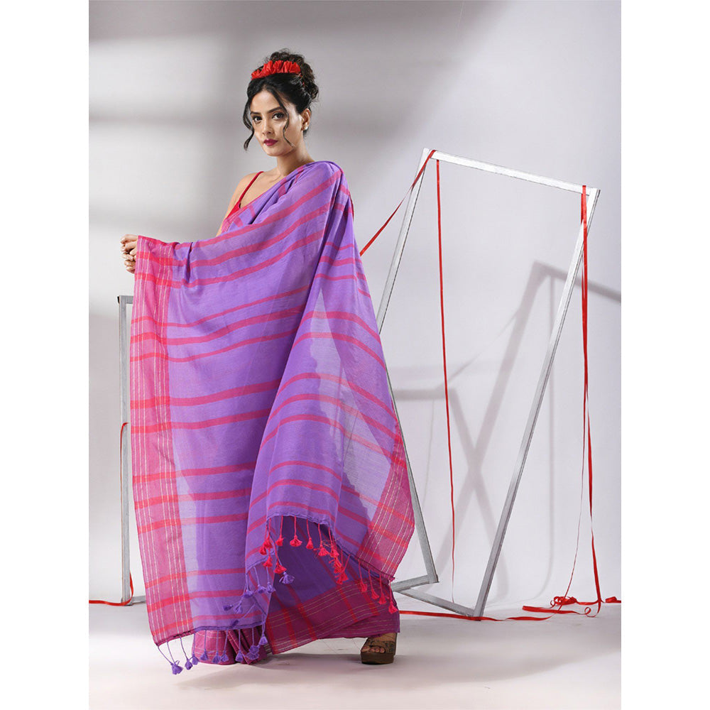 CHARUKRITI Purple Cotton Stripes Pattern Saree with Unstitched Blouse