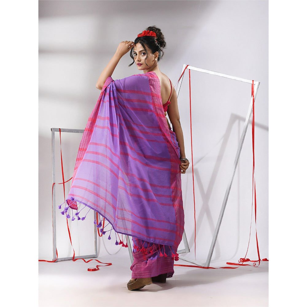 CHARUKRITI Purple Cotton Stripes Pattern Saree with Unstitched Blouse