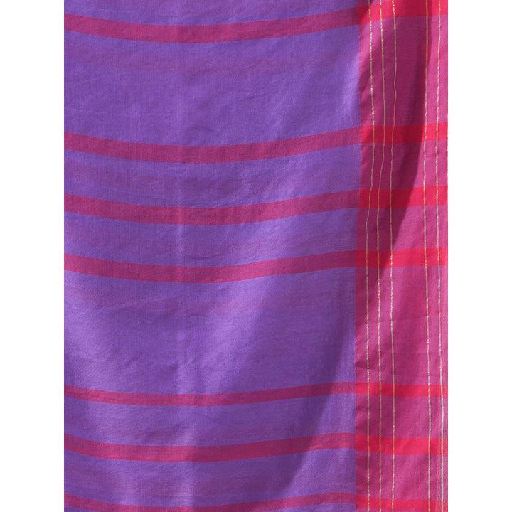 CHARUKRITI Purple Cotton Stripes Pattern Saree with Unstitched Blouse