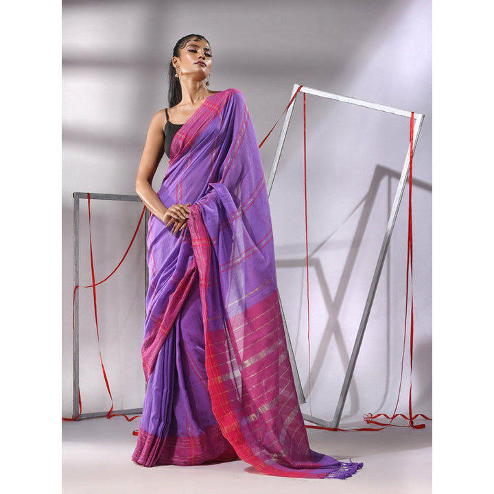 CHARUKRITI Irish Purple Cotton Zari Stripes Saree with Unstitched Blouse