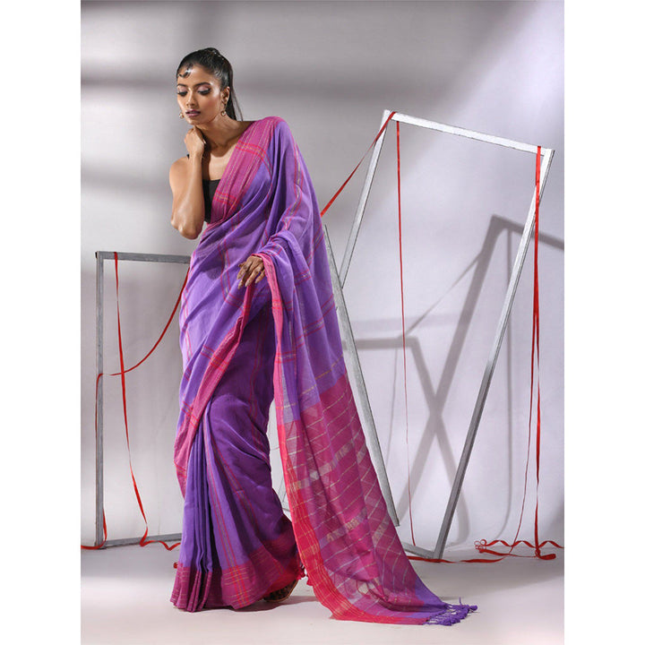 CHARUKRITI Irish Purple Cotton Zari Stripes Saree with Unstitched Blouse