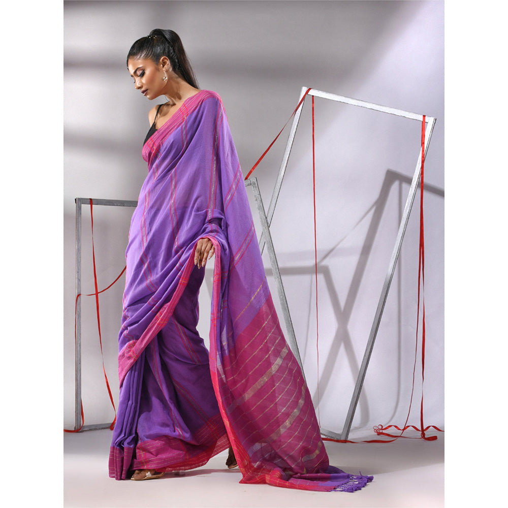 CHARUKRITI Irish Purple Cotton Zari Stripes Saree with Unstitched Blouse