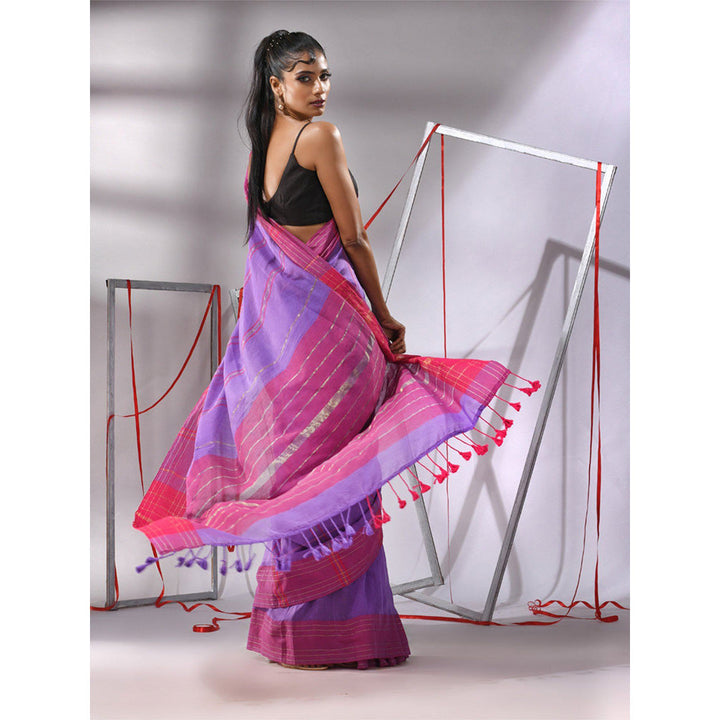 CHARUKRITI Irish Purple Cotton Zari Stripes Saree with Unstitched Blouse