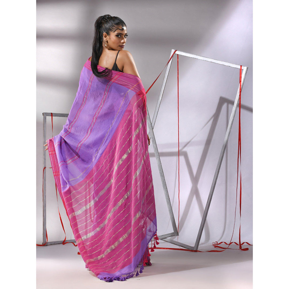 CHARUKRITI Irish Purple Cotton Zari Stripes Saree with Unstitched Blouse