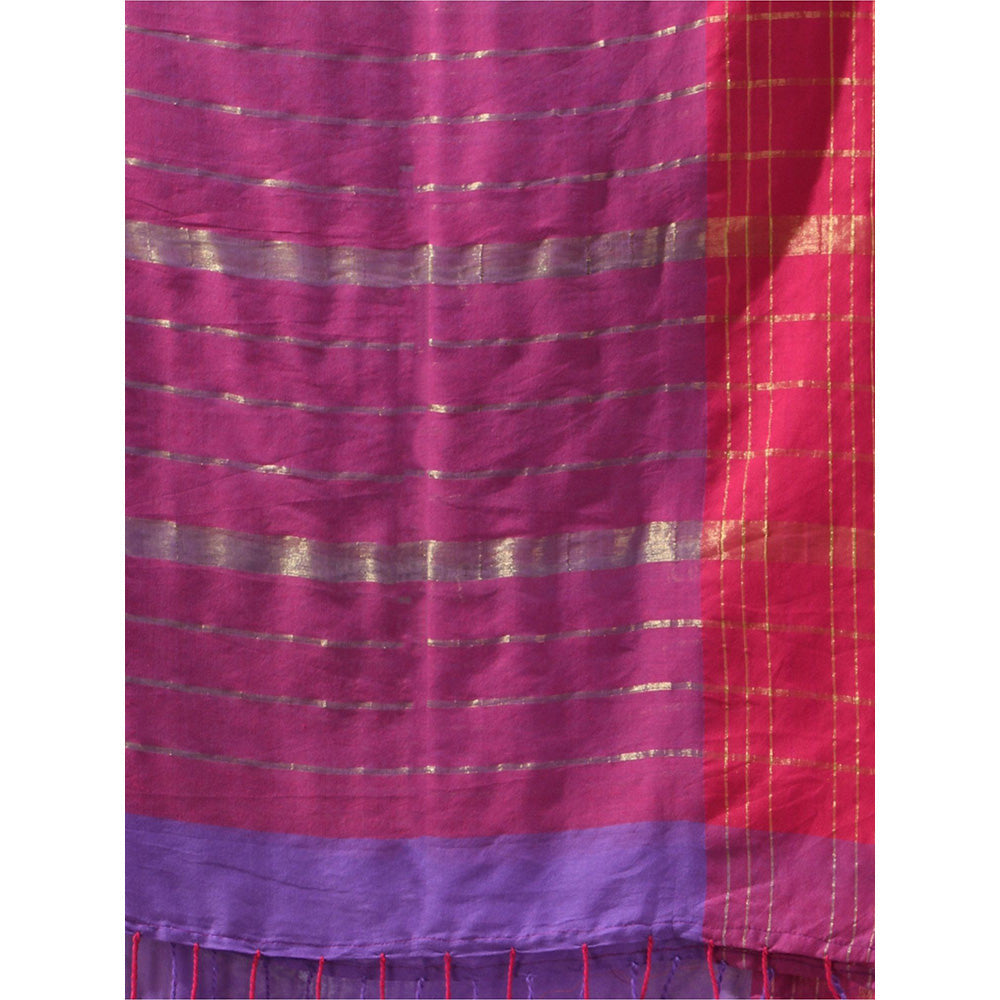 CHARUKRITI Irish Purple Cotton Zari Stripes Saree with Unstitched Blouse