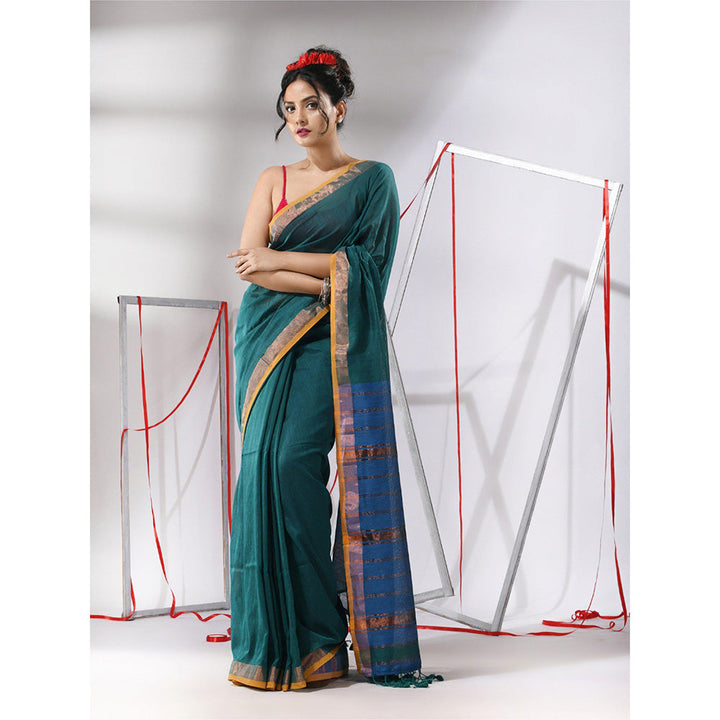 CHARUKRITI Teal Cotton Stripes Zari Pallu Saree with Unstitched Blouse