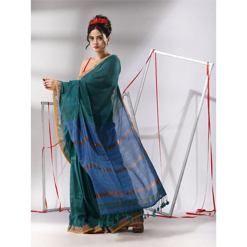 CHARUKRITI Teal Cotton Stripes Zari Pallu Saree with Unstitched Blouse