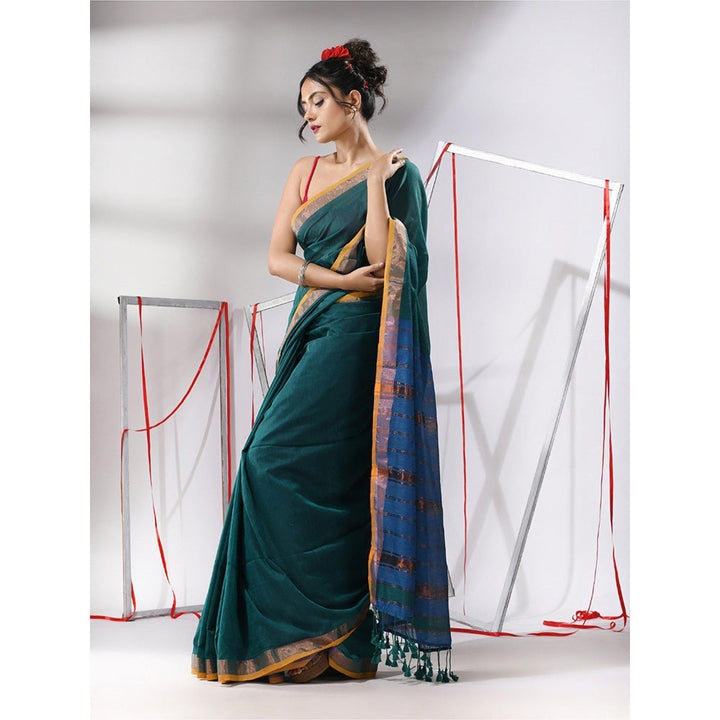 CHARUKRITI Teal Cotton Stripes Zari Pallu Saree with Unstitched Blouse