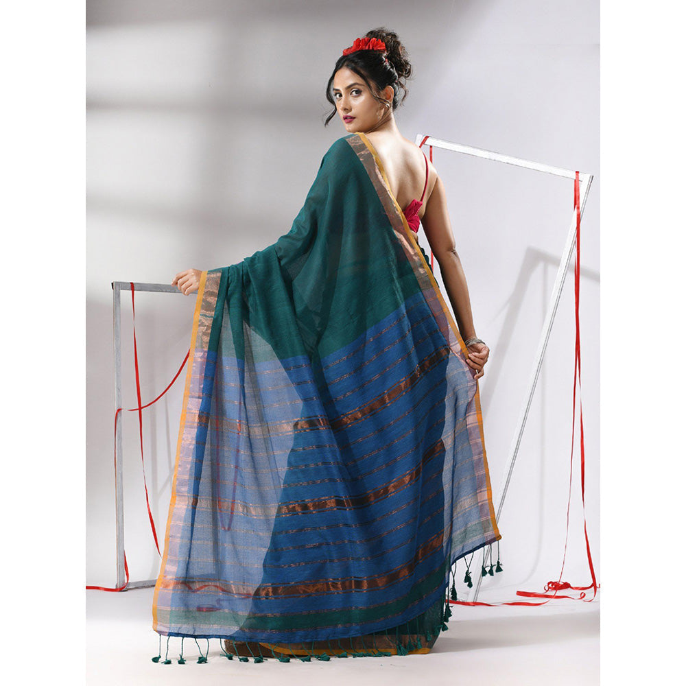 CHARUKRITI Teal Cotton Stripes Zari Pallu Saree with Unstitched Blouse