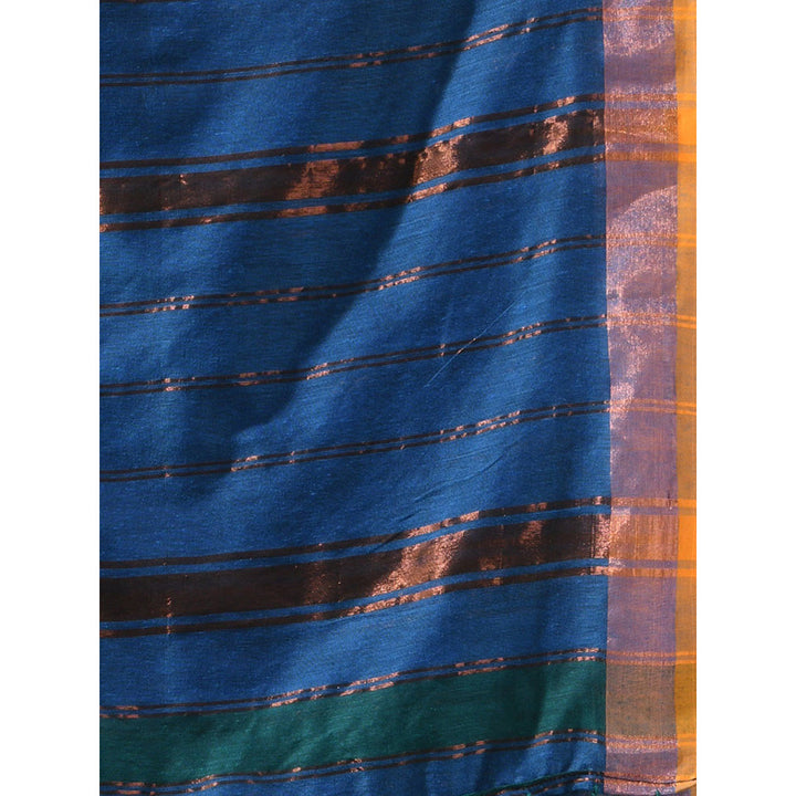 CHARUKRITI Teal Cotton Stripes Zari Pallu Saree with Unstitched Blouse