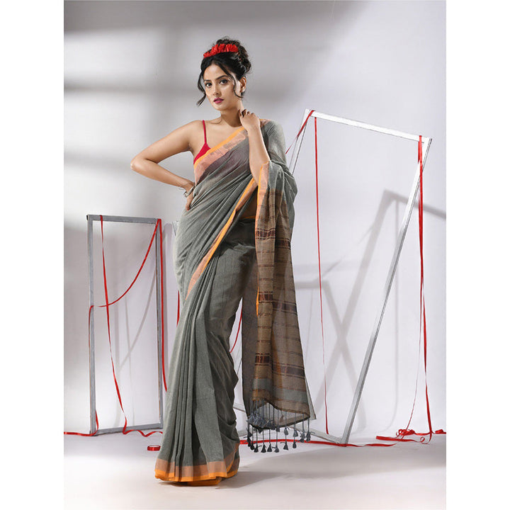 CHARUKRITI Light Grey Cotton Stripes Zari Pallu Saree with Unstitched Blouse