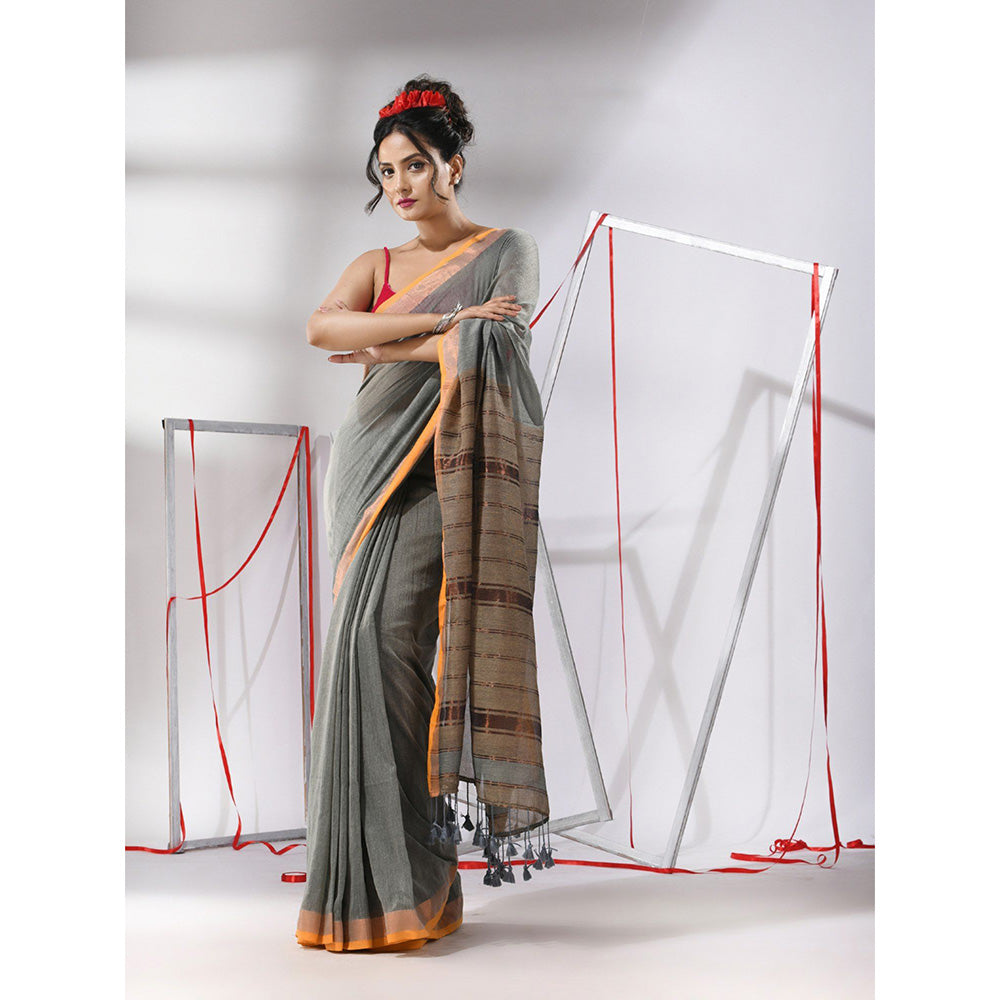 CHARUKRITI Light Grey Cotton Stripes Zari Pallu Saree with Unstitched Blouse