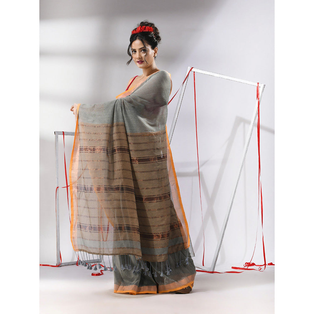 CHARUKRITI Light Grey Cotton Stripes Zari Pallu Saree with Unstitched Blouse