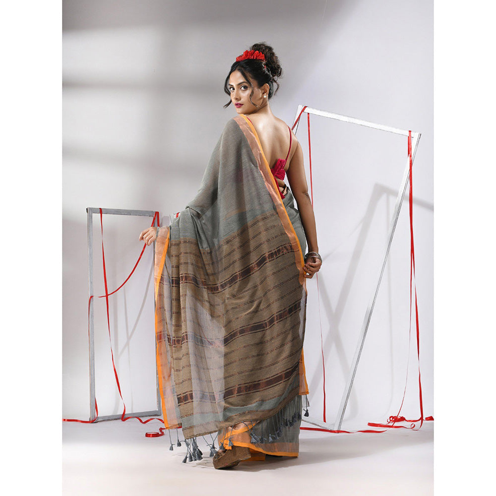 CHARUKRITI Light Grey Cotton Stripes Zari Pallu Saree with Unstitched Blouse