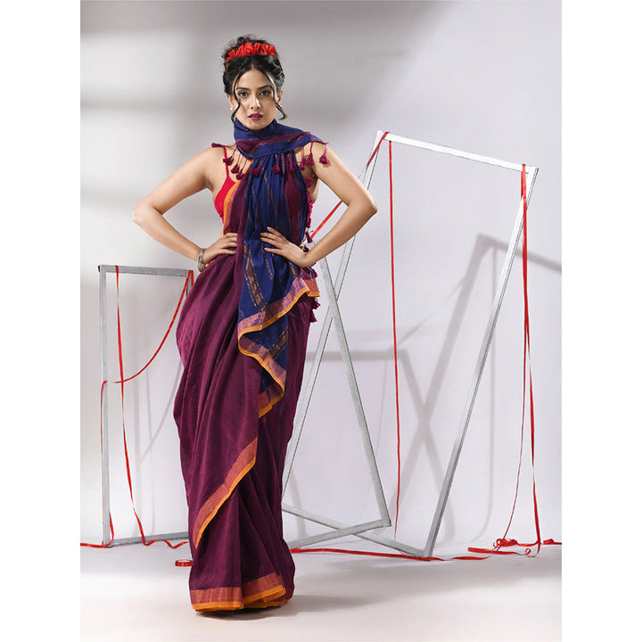 CHARUKRITI Wine Cotton Stripes Zari Pallu Saree with Unstitched Blouse