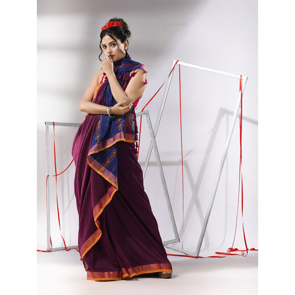 CHARUKRITI Wine Cotton Stripes Zari Pallu Saree with Unstitched Blouse