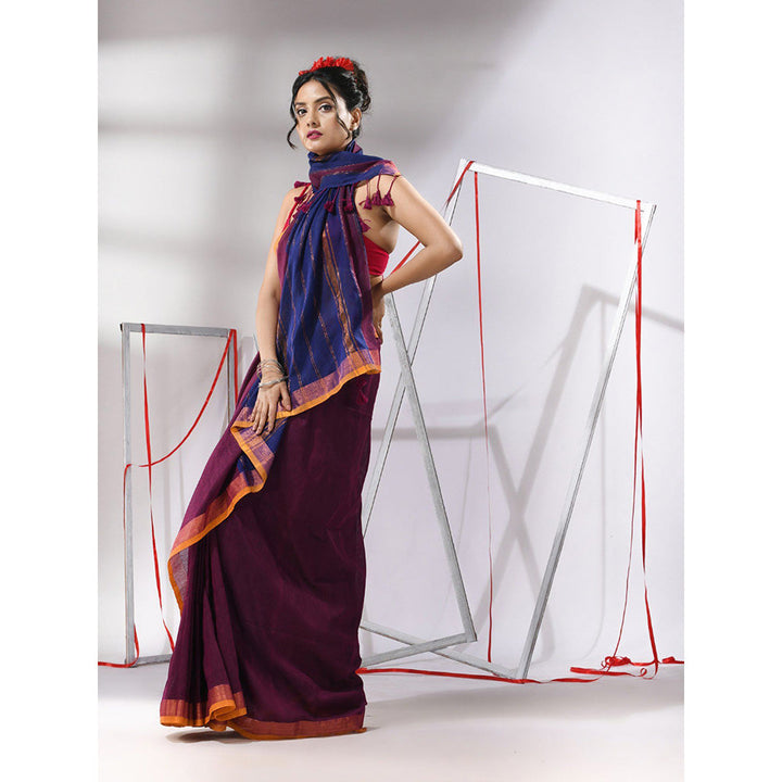 CHARUKRITI Wine Cotton Stripes Zari Pallu Saree with Unstitched Blouse