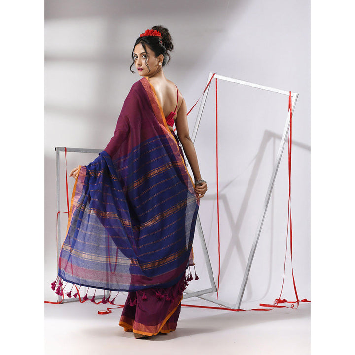 CHARUKRITI Wine Cotton Stripes Zari Pallu Saree with Unstitched Blouse