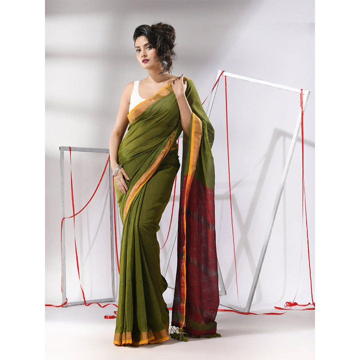 CHARUKRITI Moss Green Cotton Stripes Zari Pallu Saree with Unstitched Blouse