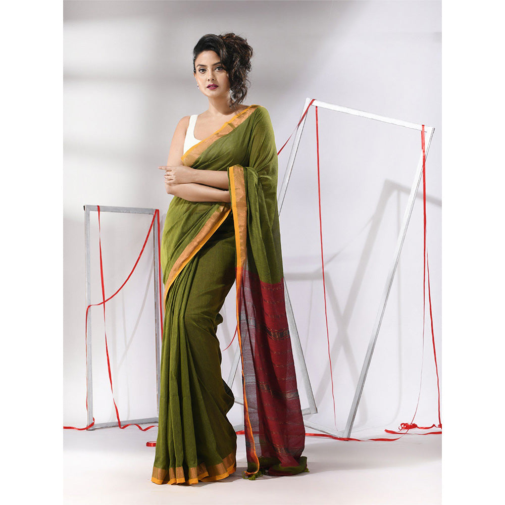 CHARUKRITI Moss Green Cotton Stripes Zari Pallu Saree with Unstitched Blouse