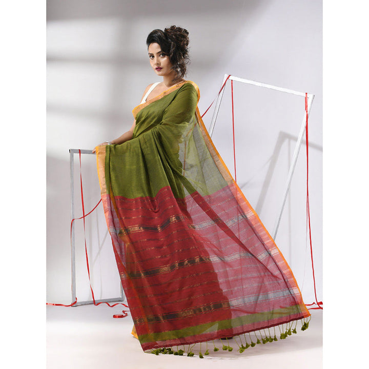 CHARUKRITI Moss Green Cotton Stripes Zari Pallu Saree with Unstitched Blouse