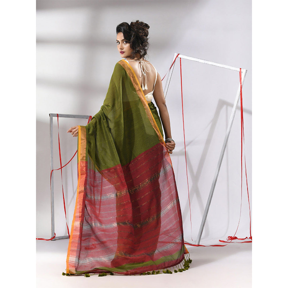 CHARUKRITI Moss Green Cotton Stripes Zari Pallu Saree with Unstitched Blouse