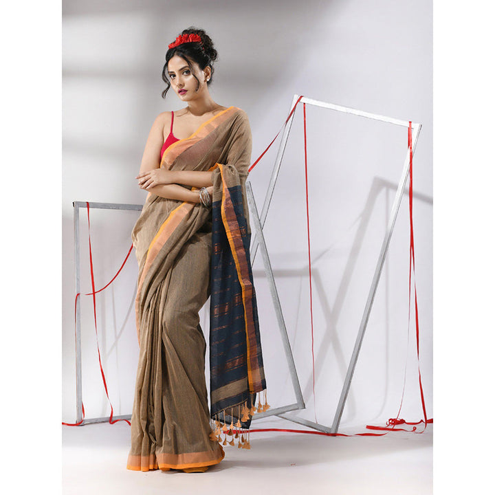 CHARUKRITI Beige Cotton Stripes Zari Pallu Saree with Unstitched Blouse