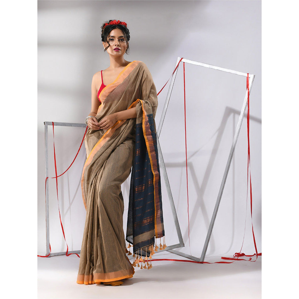 CHARUKRITI Beige Cotton Stripes Zari Pallu Saree with Unstitched Blouse