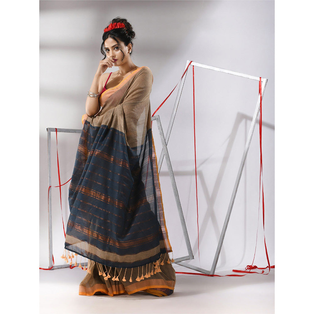 CHARUKRITI Beige Cotton Stripes Zari Pallu Saree with Unstitched Blouse