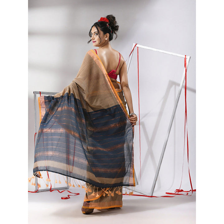 CHARUKRITI Beige Cotton Stripes Zari Pallu Saree with Unstitched Blouse