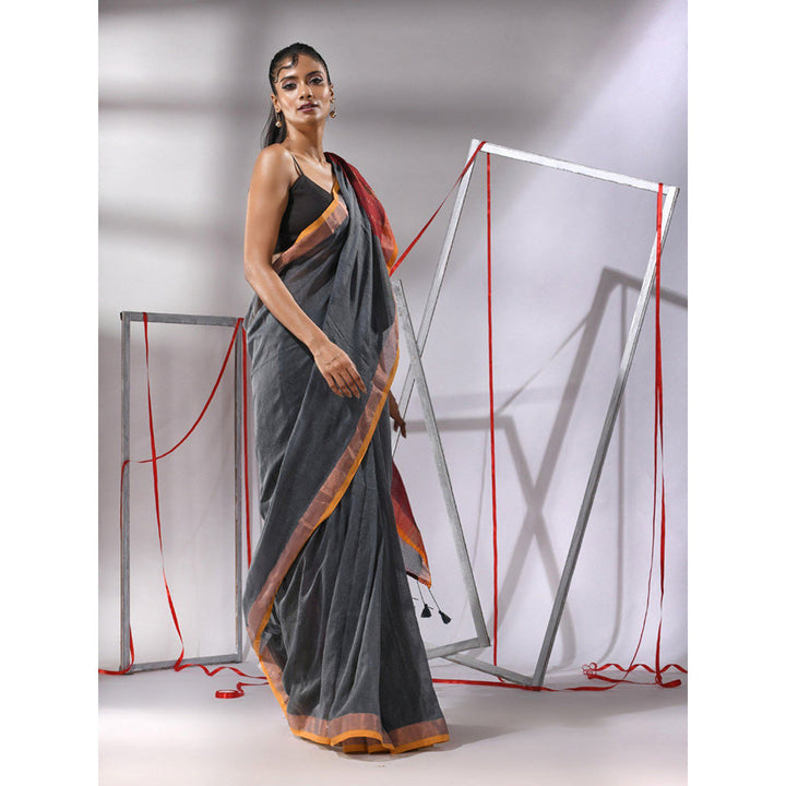 CHARUKRITI Grey Cotton Stripes Zari Pallu Saree with Unstitched Blouse