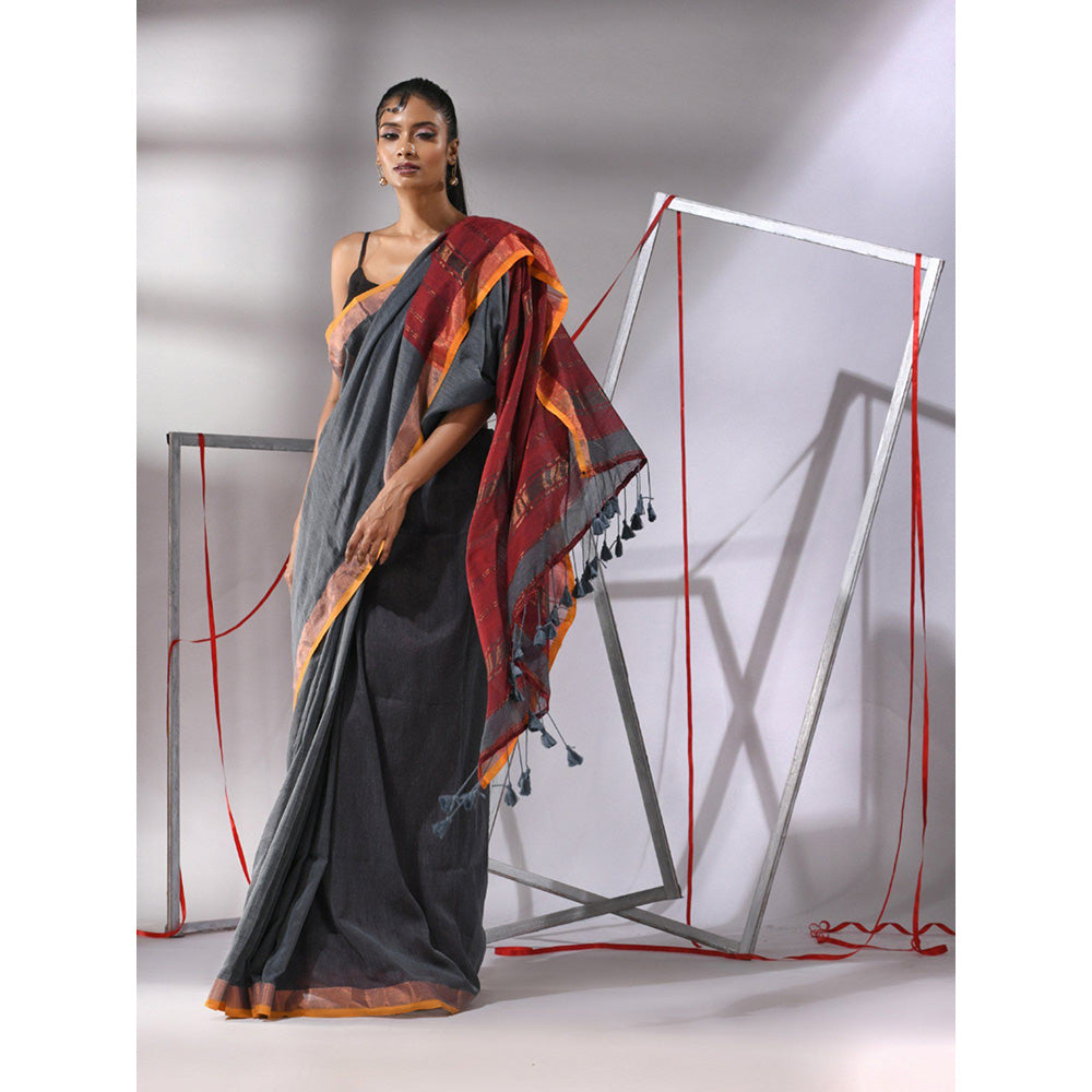 CHARUKRITI Grey Cotton Stripes Zari Pallu Saree with Unstitched Blouse