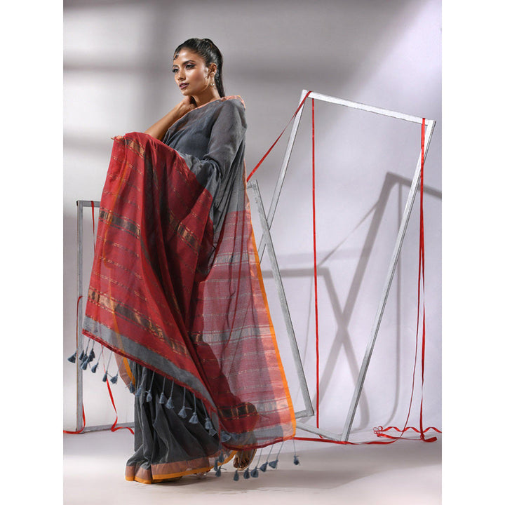 CHARUKRITI Grey Cotton Stripes Zari Pallu Saree with Unstitched Blouse