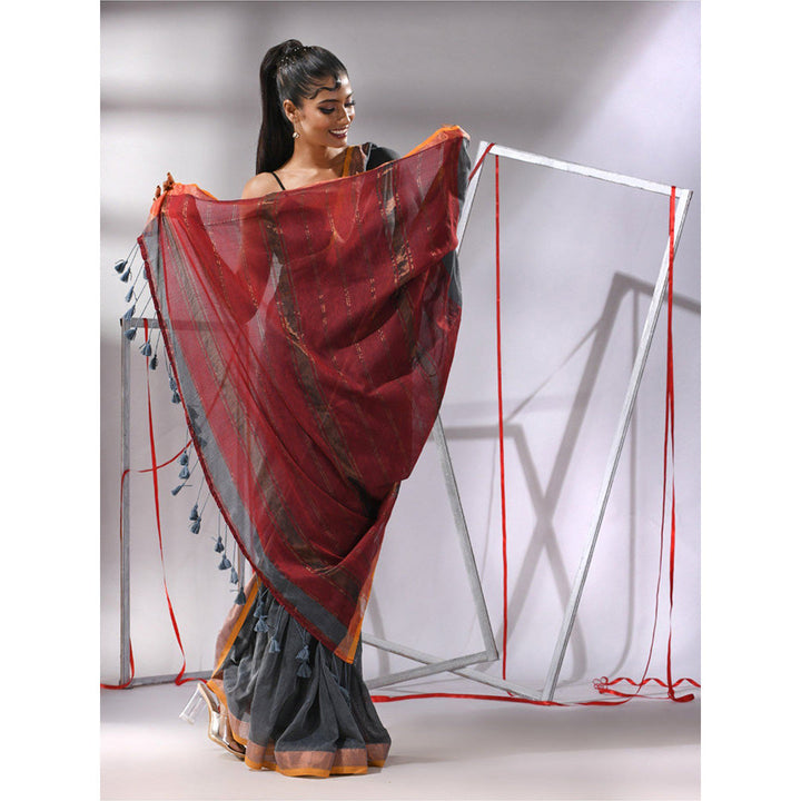 CHARUKRITI Grey Cotton Stripes Zari Pallu Saree with Unstitched Blouse