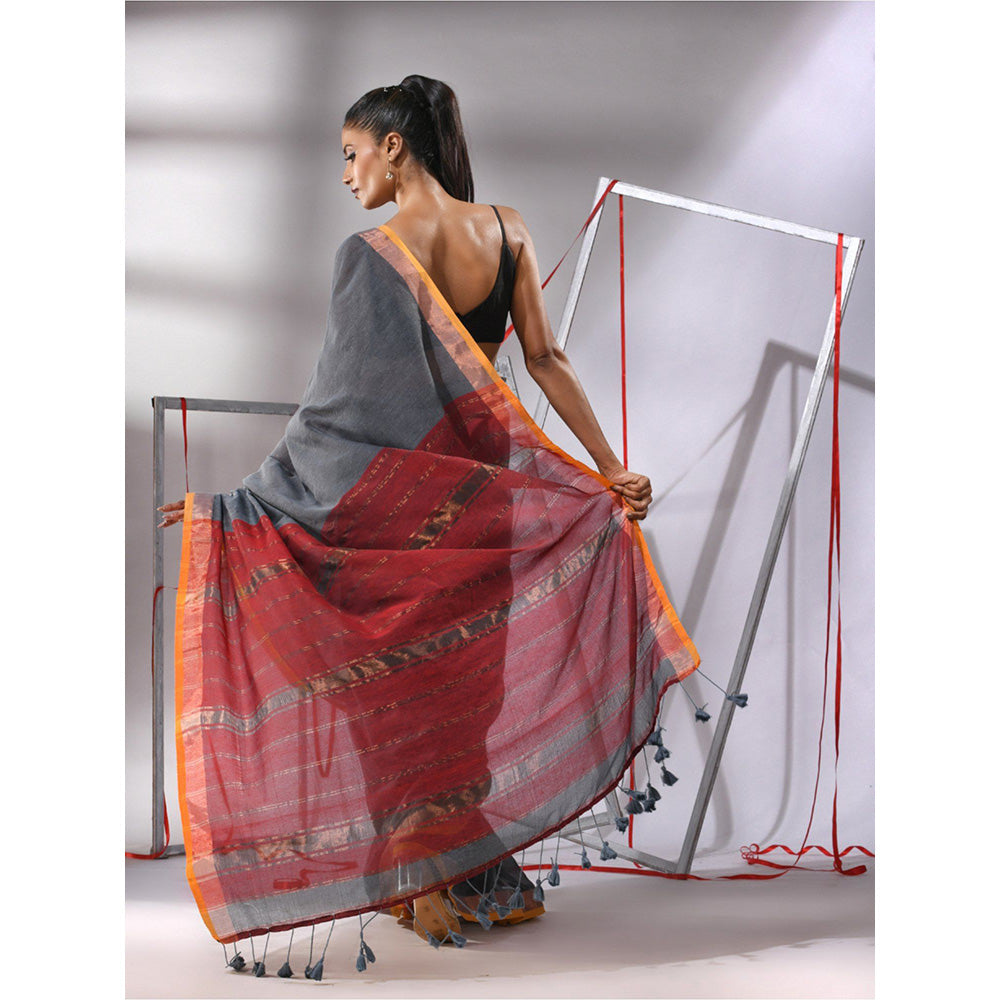 CHARUKRITI Grey Cotton Stripes Zari Pallu Saree with Unstitched Blouse