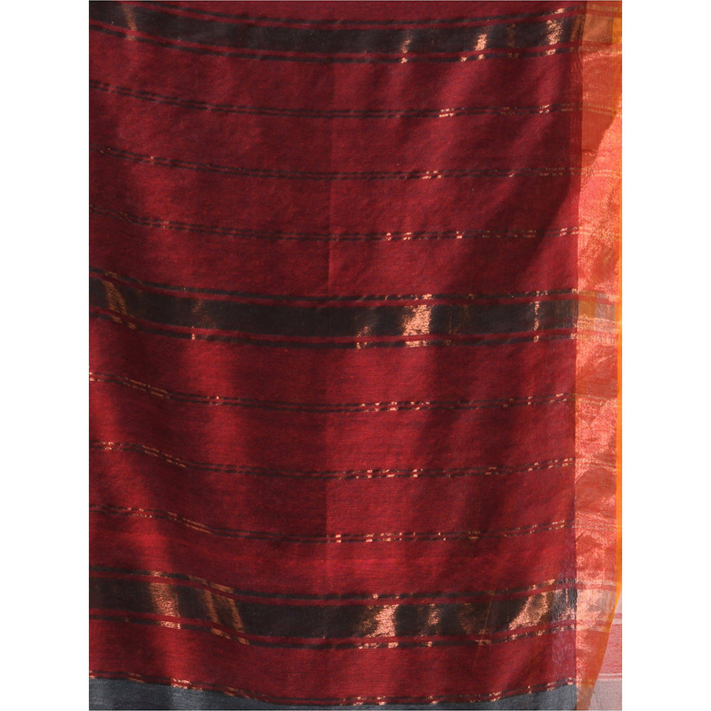 CHARUKRITI Grey Cotton Stripes Zari Pallu Saree with Unstitched Blouse