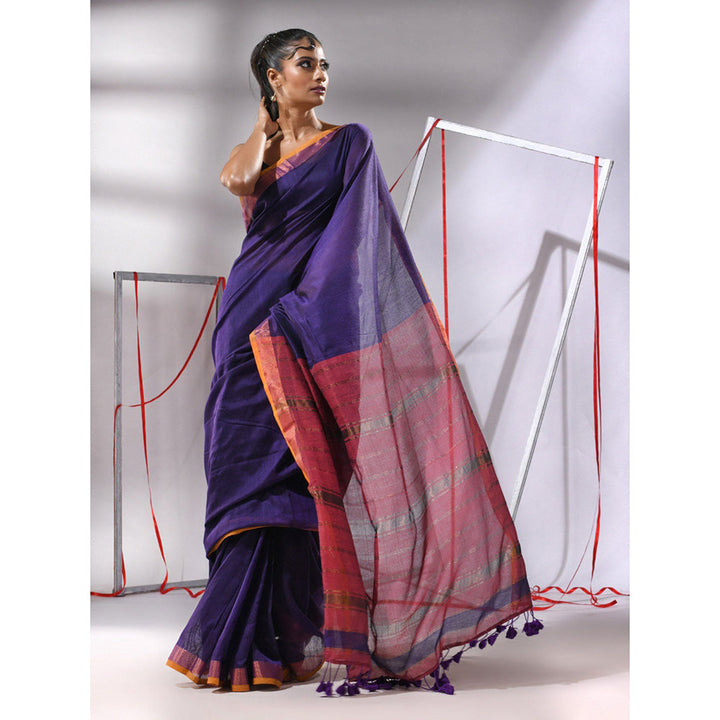 CHARUKRITI Blue Cotton Stripes Zari Pallu Saree with Unstitched Blouse