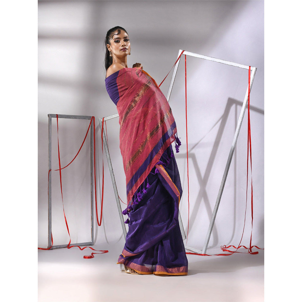 CHARUKRITI Blue Cotton Stripes Zari Pallu Saree with Unstitched Blouse