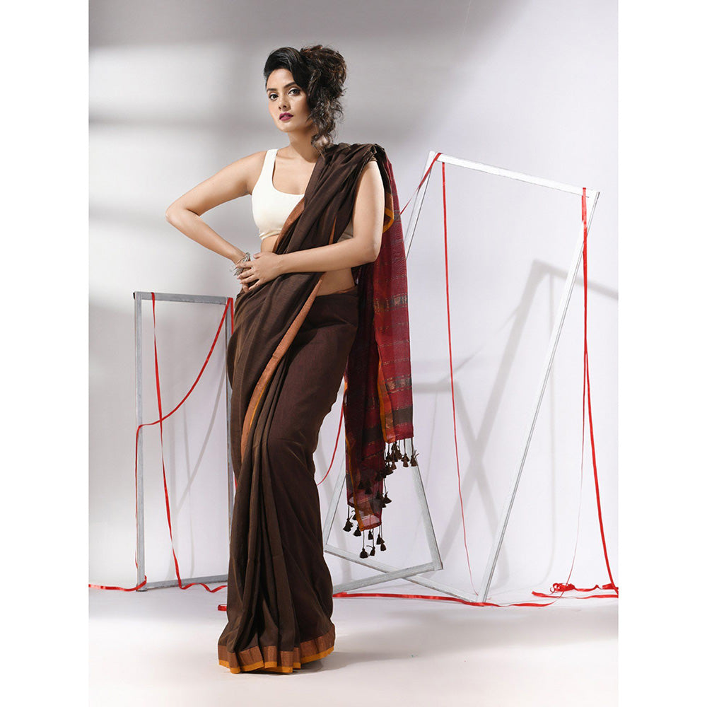 CHARUKRITI Brown Cotton Stripes Zari Pallu Saree with Unstitched Blouse