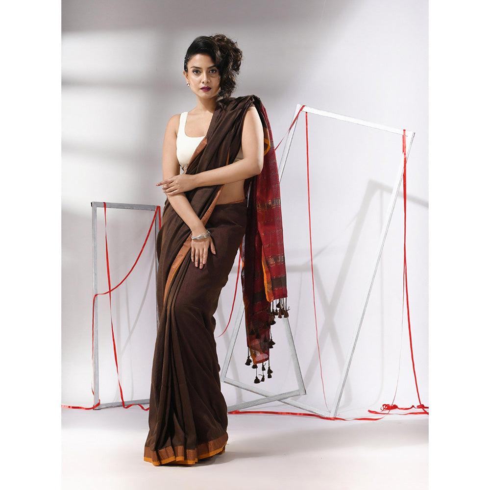 CHARUKRITI Brown Cotton Stripes Zari Pallu Saree with Unstitched Blouse