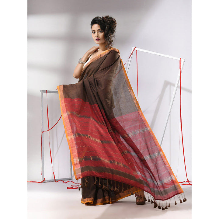 CHARUKRITI Brown Cotton Stripes Zari Pallu Saree with Unstitched Blouse