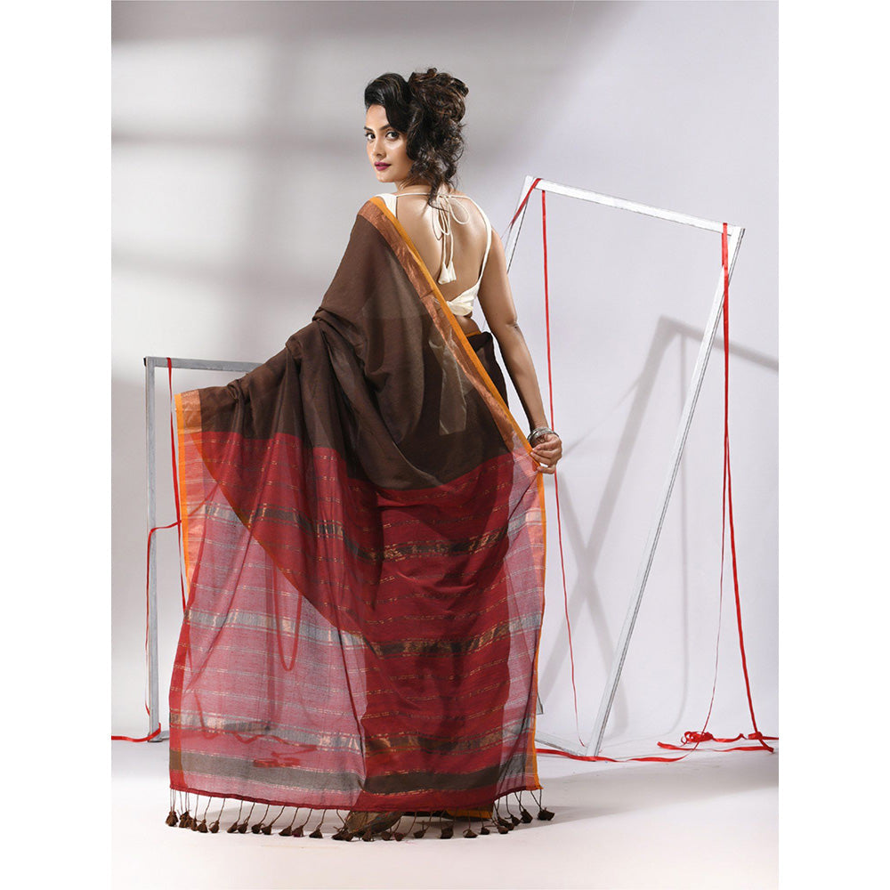 CHARUKRITI Brown Cotton Stripes Zari Pallu Saree with Unstitched Blouse