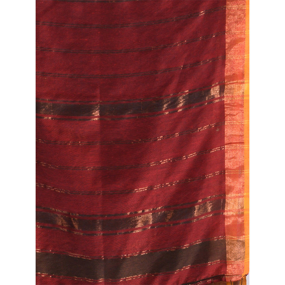 CHARUKRITI Brown Cotton Stripes Zari Pallu Saree with Unstitched Blouse