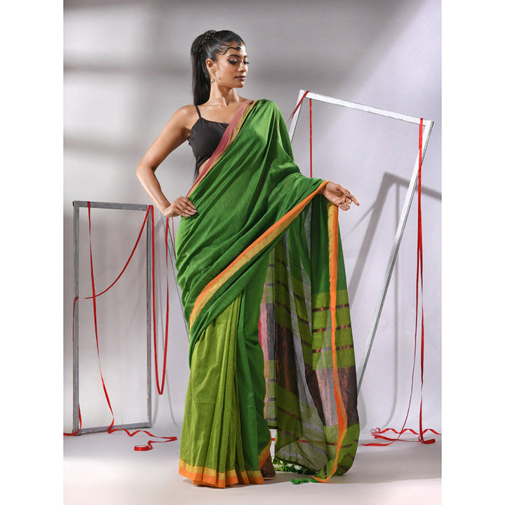 CHARUKRITI Green Patli Pallu Cotton Stripes Zari Borders Saree with Unstitched Blouse