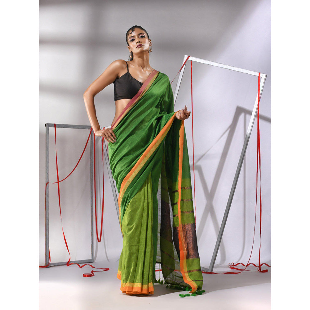 CHARUKRITI Green Patli Pallu Cotton Stripes Zari Borders Saree with Unstitched Blouse